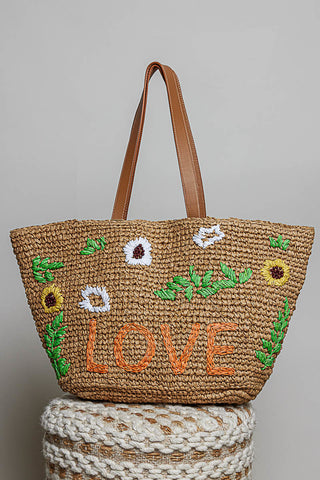 Love Grows Here Woven Tote | Floral Embroidered Women's Bag/Sinton, TX