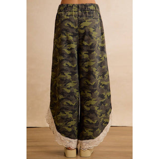 Camo & Charm Lace Trim Wide Leg Camouflage Pants