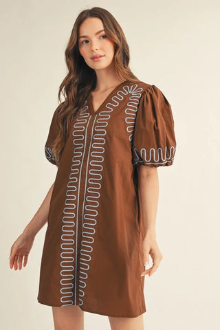 Cocoa & Charm Chocolate Brown Embroidered Puff Sleeve Dress