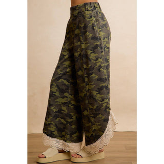 Camo & Charm Lace Trim Wide Leg Camouflage Pants