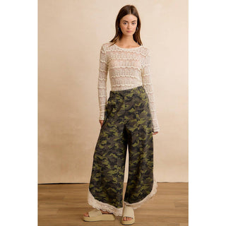 Camo & Charm Lace Trim Wide Leg Camouflage Pants