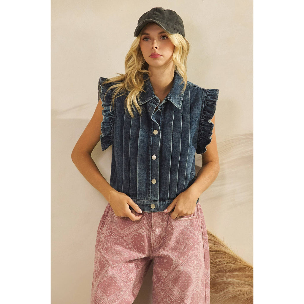 Women's Dark Wash Ruffle Sleeve Denim Vest/Sinton, TX