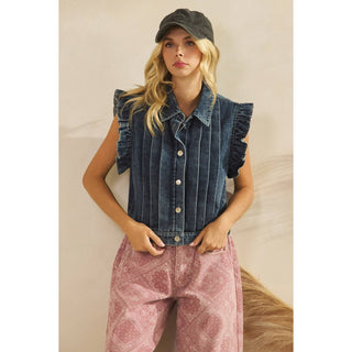 Women's Dark Wash Ruffle Sleeve Denim Vest/Sinton, TX
