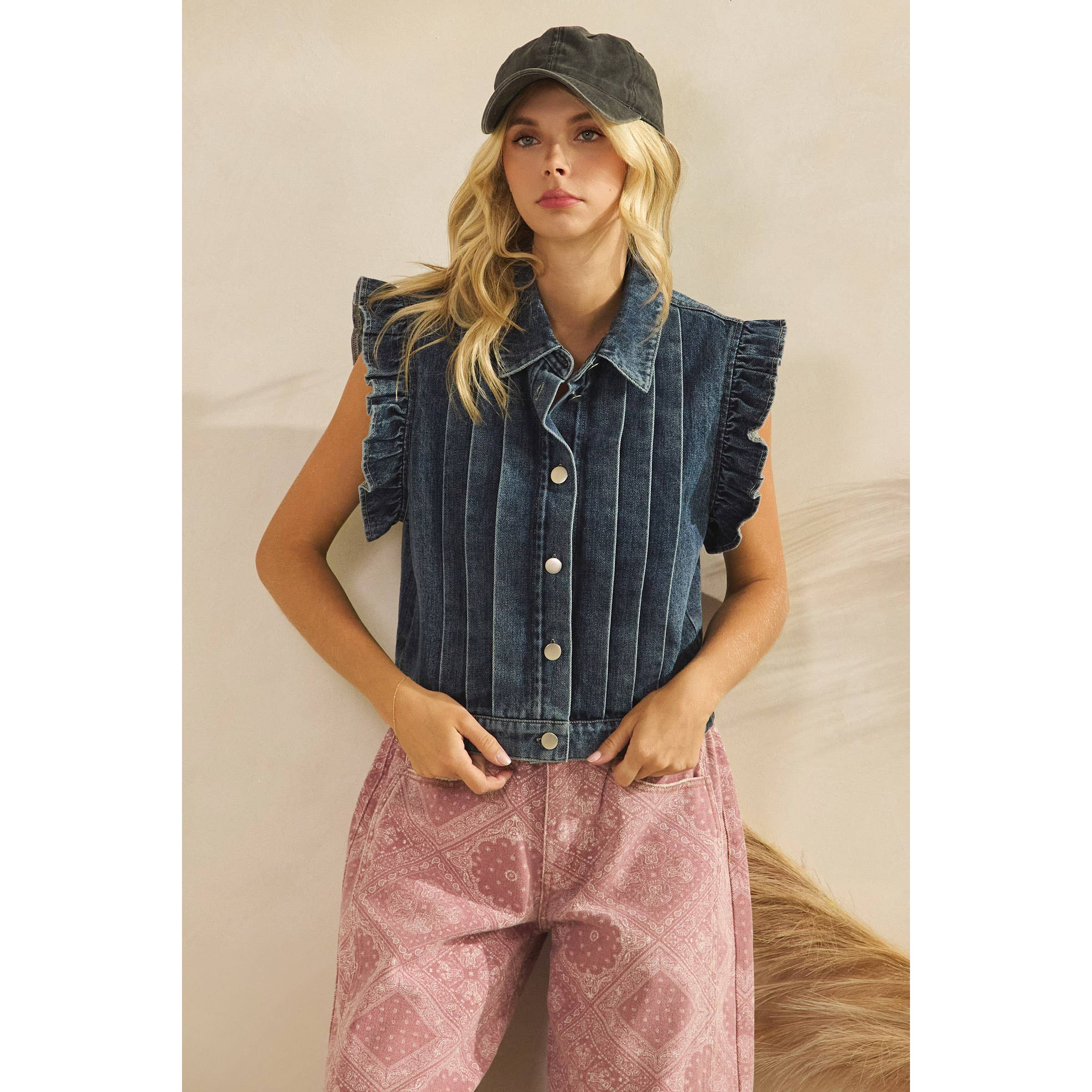 Women's Dark Wash Ruffle Sleeve Denim Vest/Sinton, TX