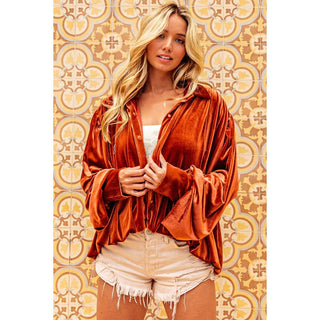 Autumn Afterglow Rust Velvet Balloon Sleeve Boho Blouse