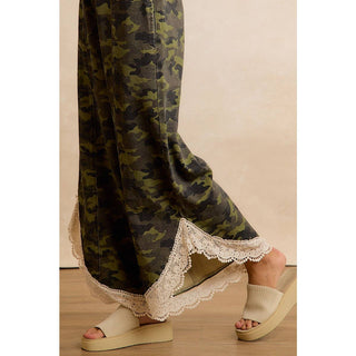 Camo & Charm Lace Trim Wide Leg Camouflage Pants