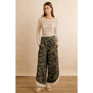 Camo & Charm Lace Trim Wide Leg Camouflage Pants