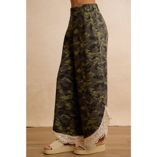 Camo & Charm Lace Trim Wide Leg Camouflage Pants