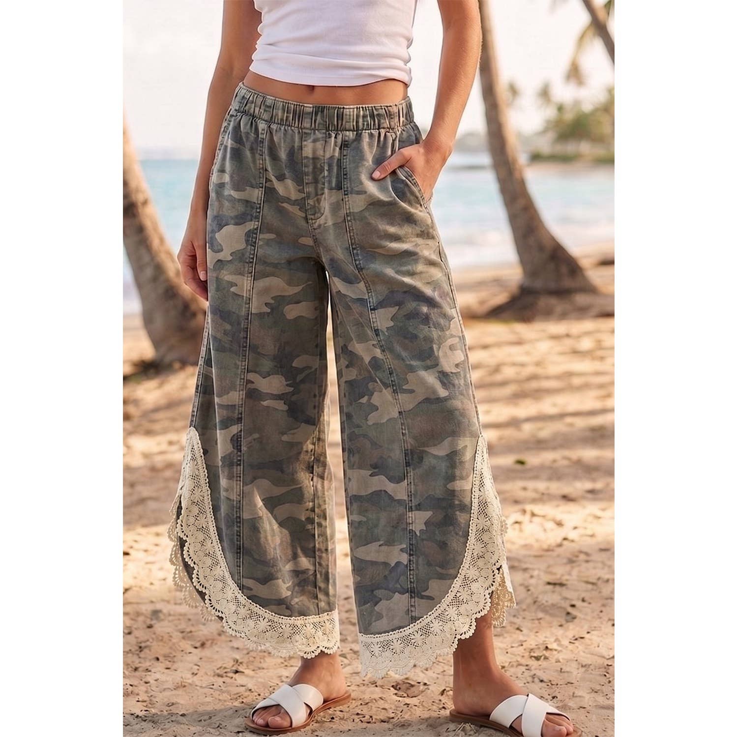 Women's Camo Wide Leg Lace Trim Pants/Sinton, TX