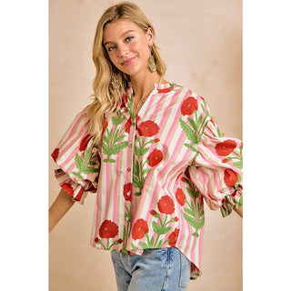 Candy Bloom Garden Blouse | Floral Stripe Women's Boutique Top/Sinton,TX