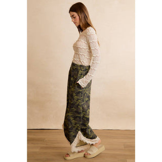 Camo & Charm Lace Trim Wide Leg Camouflage Pants