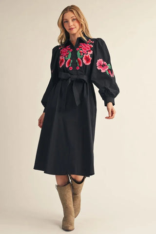 Midnight In Bloom Black Floral Embroidered Midi Dress/Sinton, TX
