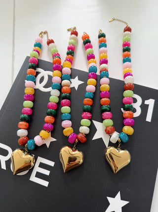 Color Me Happy Colorful Beaded Gold Heart Statement Necklace
