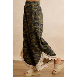 Camo & Charm Lace Trim Wide Leg Camouflage Pants