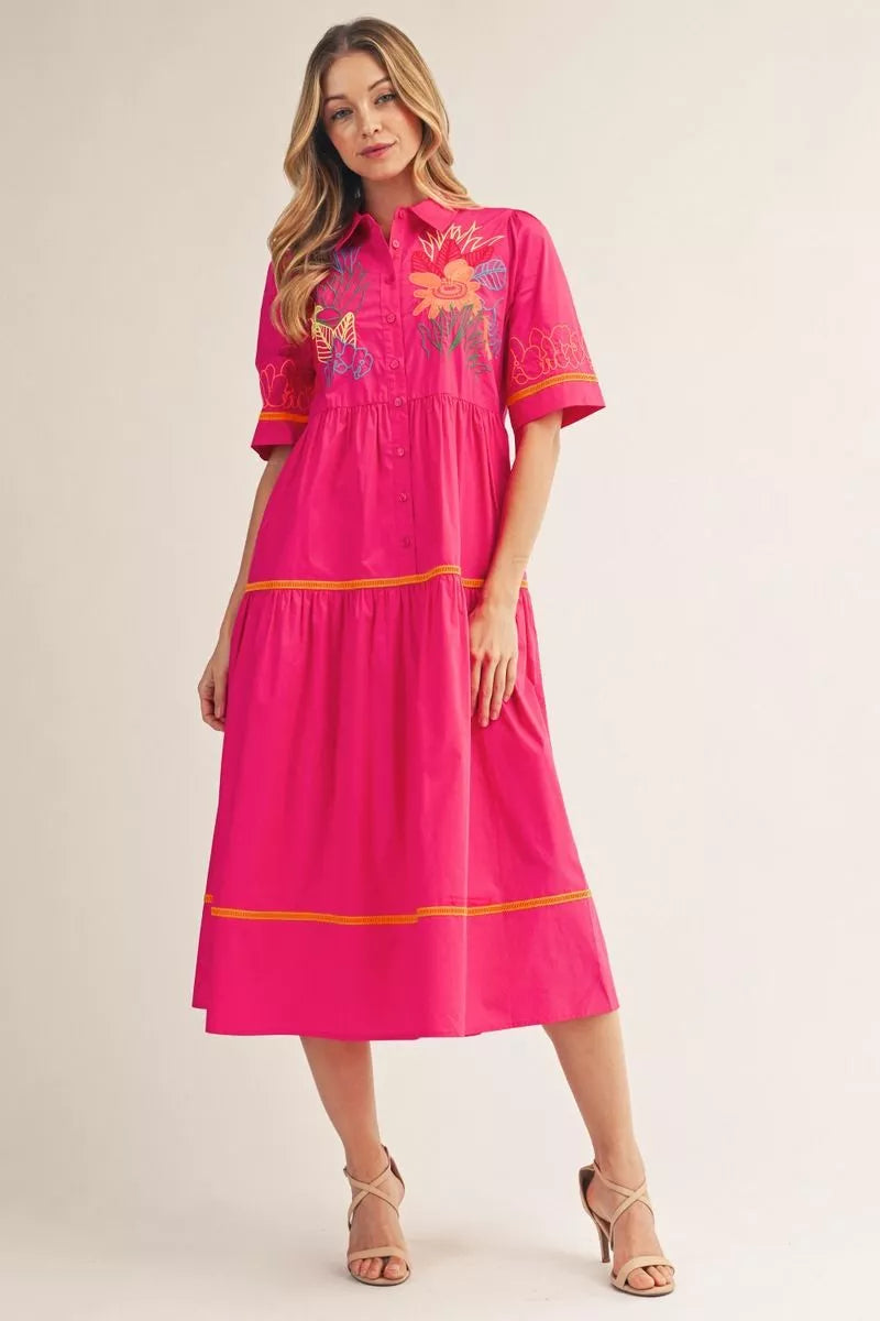 Pink Petals & Sunshine Dress | Embroidered Fuchsia Midi Dress/Sinton, TX