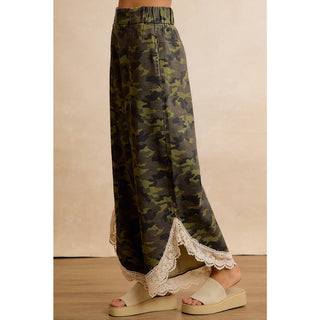 Camo & Charm Lace Trim Wide Leg Camouflage Pants