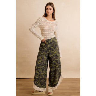 Camo & Charm Lace Trim Wide Leg Camouflage Pants