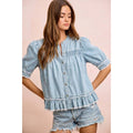 Chambray Cottage Ruffle Top | Women's Smocked Puff Sleeve Denim Blouse, Sinton, TX
