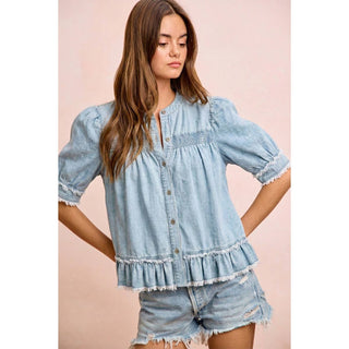 Chambray Cottage Ruffle Top | Women's Smocked Puff Sleeve Denim Blouse, Sinton, TX