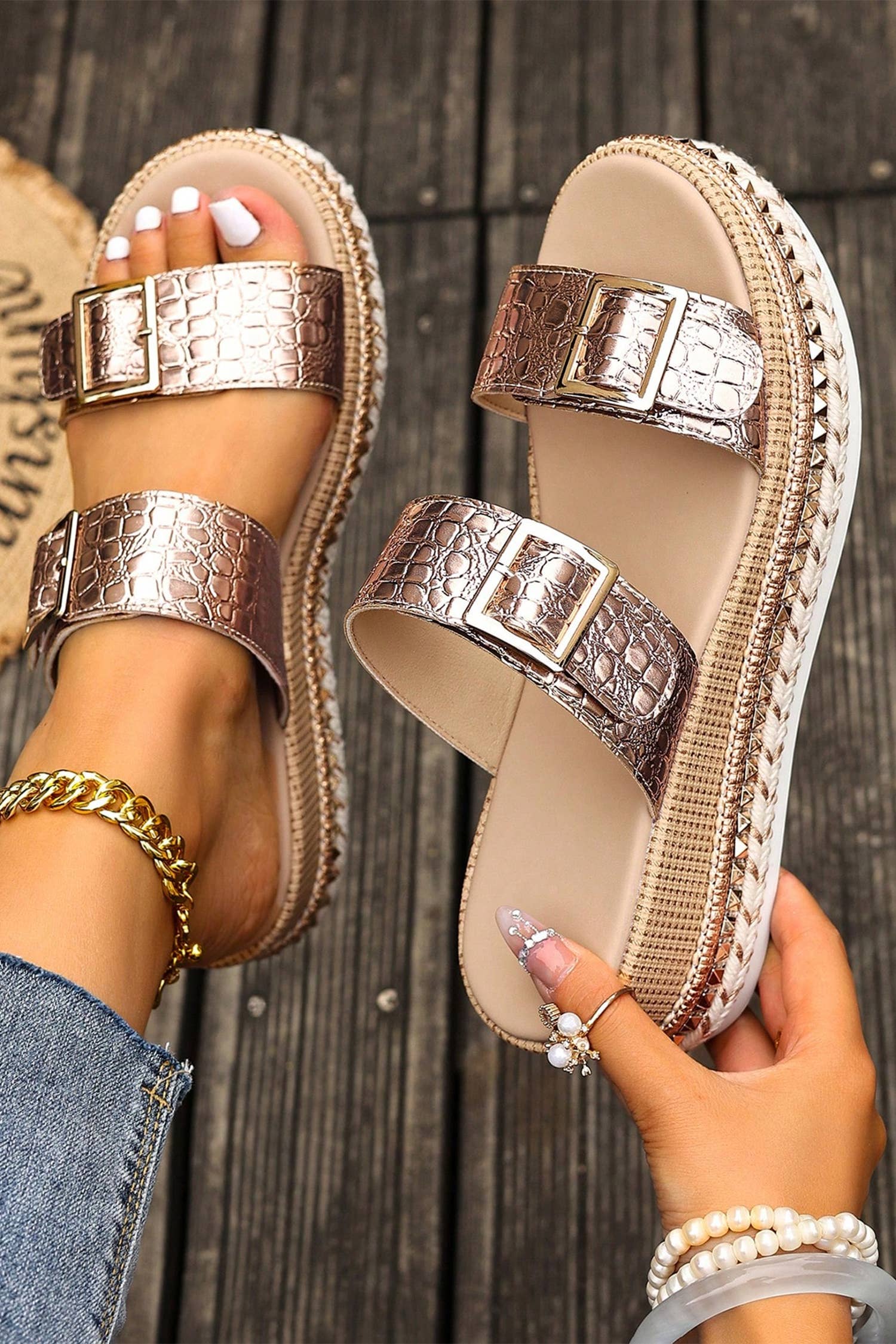 Bronzed Bliss Platform Slides