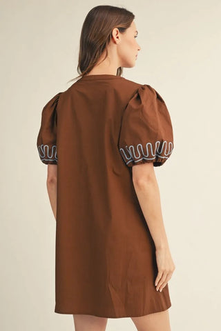 Cocoa & Charm Chocolate Brown Embroidered Puff Sleeve Dress