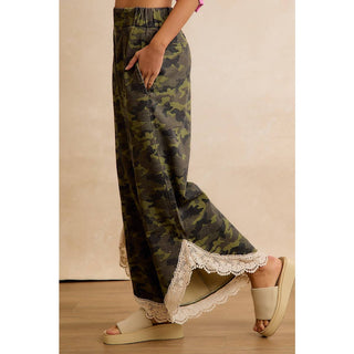 Camo & Charm Lace Trim Wide Leg Camouflage Pants