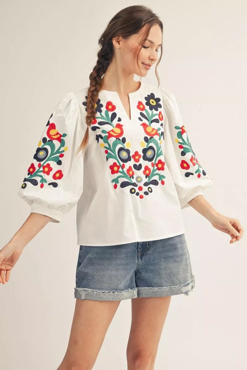 Folk Garden Melody Top | Embroidered Boho Statement Blouse/Sinton, TX