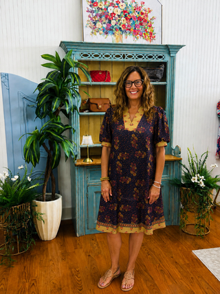 Golden Hour Paisley Dress | Navy Mustard Boutique Dress/Sinton, TX