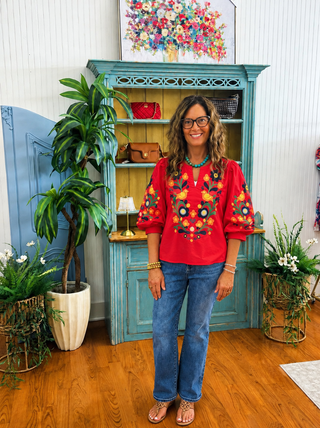 Poppy Fields Forever Top | Red Embroidered Floral Blouse/Sinton, TX