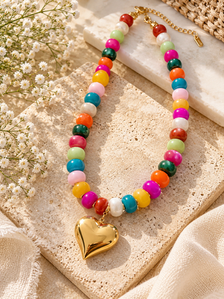 Colorful Beaded Gold Heart Statement Necklace | Women's Jewelry/Sinton, TX