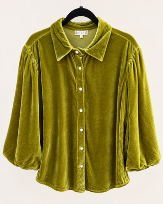 Chartreuse Velvet Button Down Balloon Sleeve Blouse for Women/Sinton, TX
