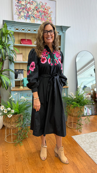The Black & Pink  Embroidery Floral  Bloom Midi Dress