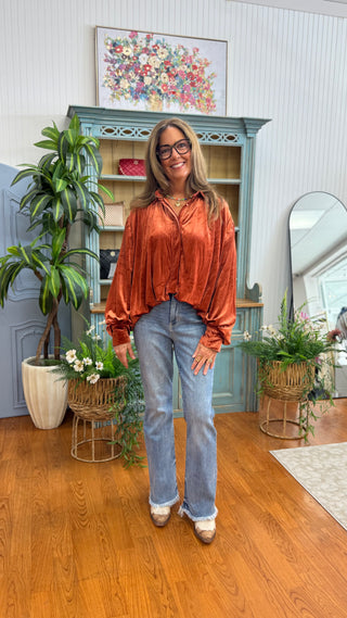 Autumn Afterglow Rust Velvet Balloon Sleeve Boho Blouse