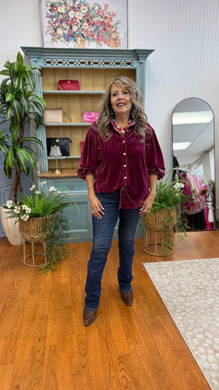 Velvet Envy Button-Down Balloon Sleeve Blouse