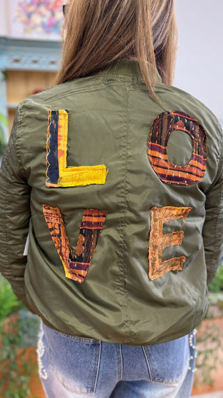 Love in the Wild Olive Patchwork Bomber Jacket