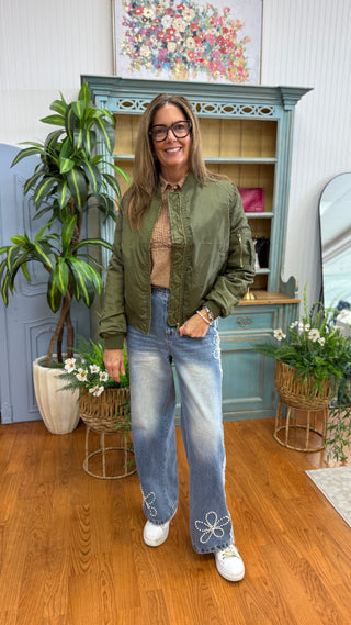 Love in the Wild Olive Patchwork Bomber Jacket