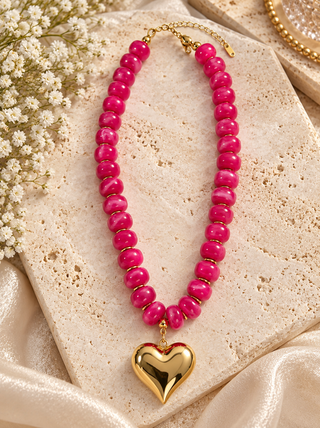Hot Pink Beaded Gold Heart Pendant Necklace | Women's Jewelry/Sinton, TX