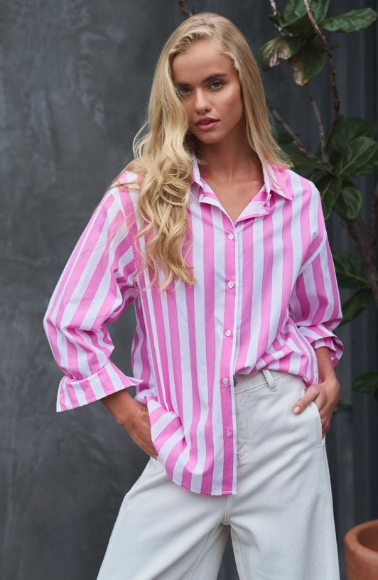 Pink Lemonade Lane Top | Pink Striped Button-Up Boutique Shirt/Sinton, TX
