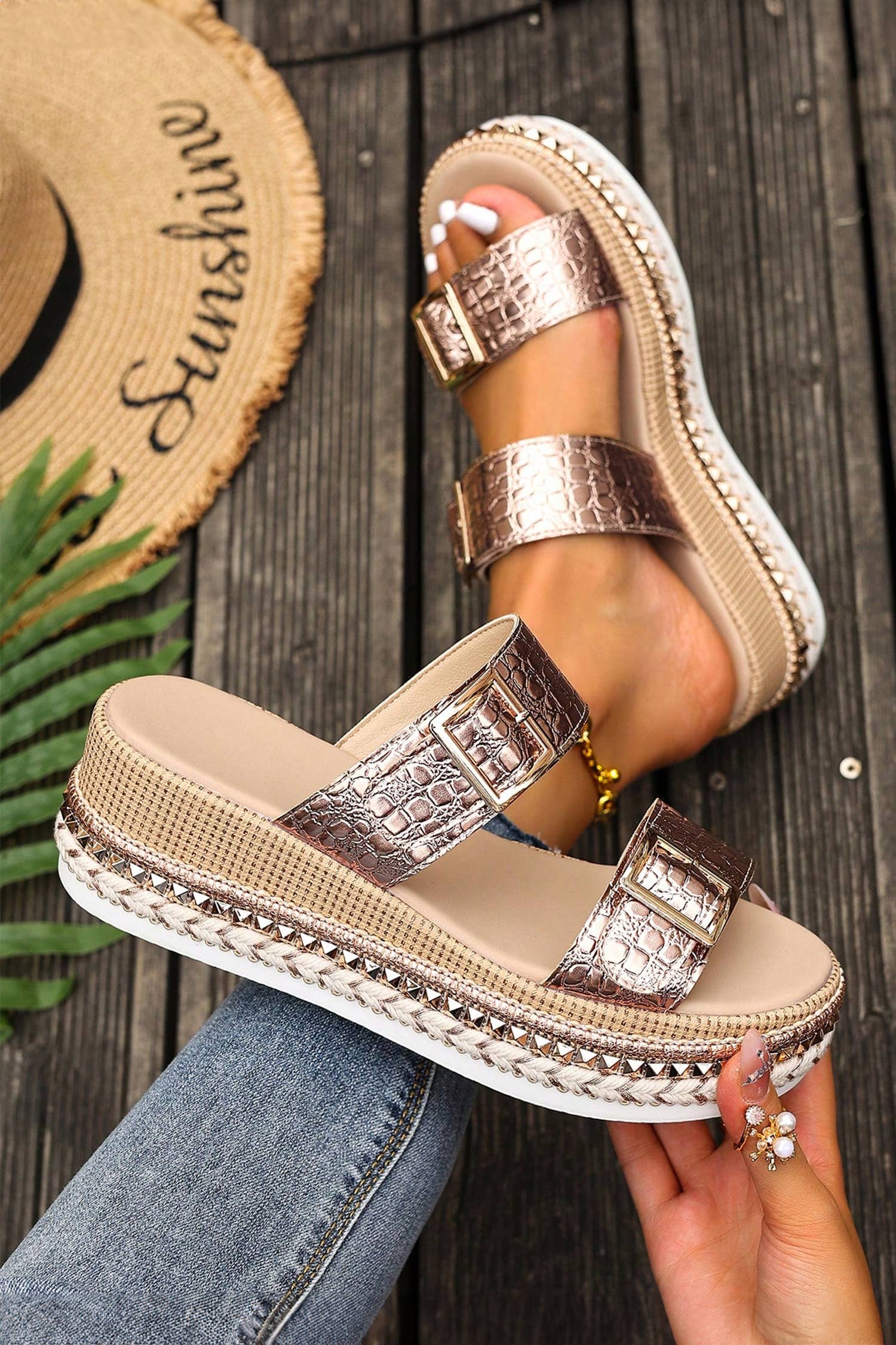 Bronzed Bliss Platform Slides