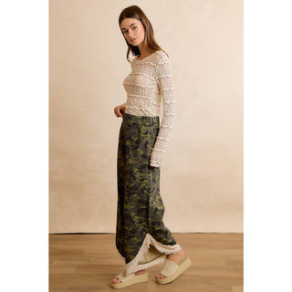 Camo & Charm Lace Trim Wide Leg Camouflage Pants