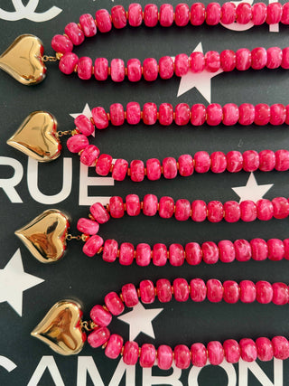 Heart on Fire Hot Pink Beaded Gold Heart Pendant Necklace