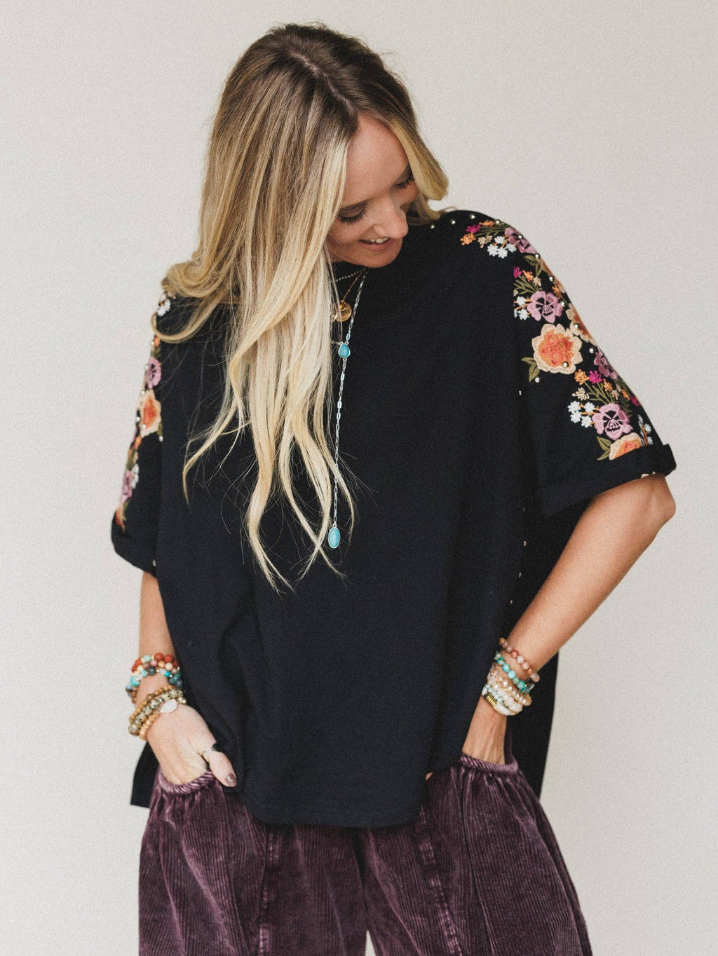 Midnight Bloom Embroidered Top | Floral Sleeve Boutique Blouse/Sinton, TX