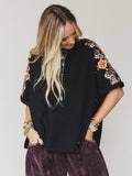 Midnight Bloom Embroidered Top | Floral Sleeve Boutique Blouse/Sinton, TX