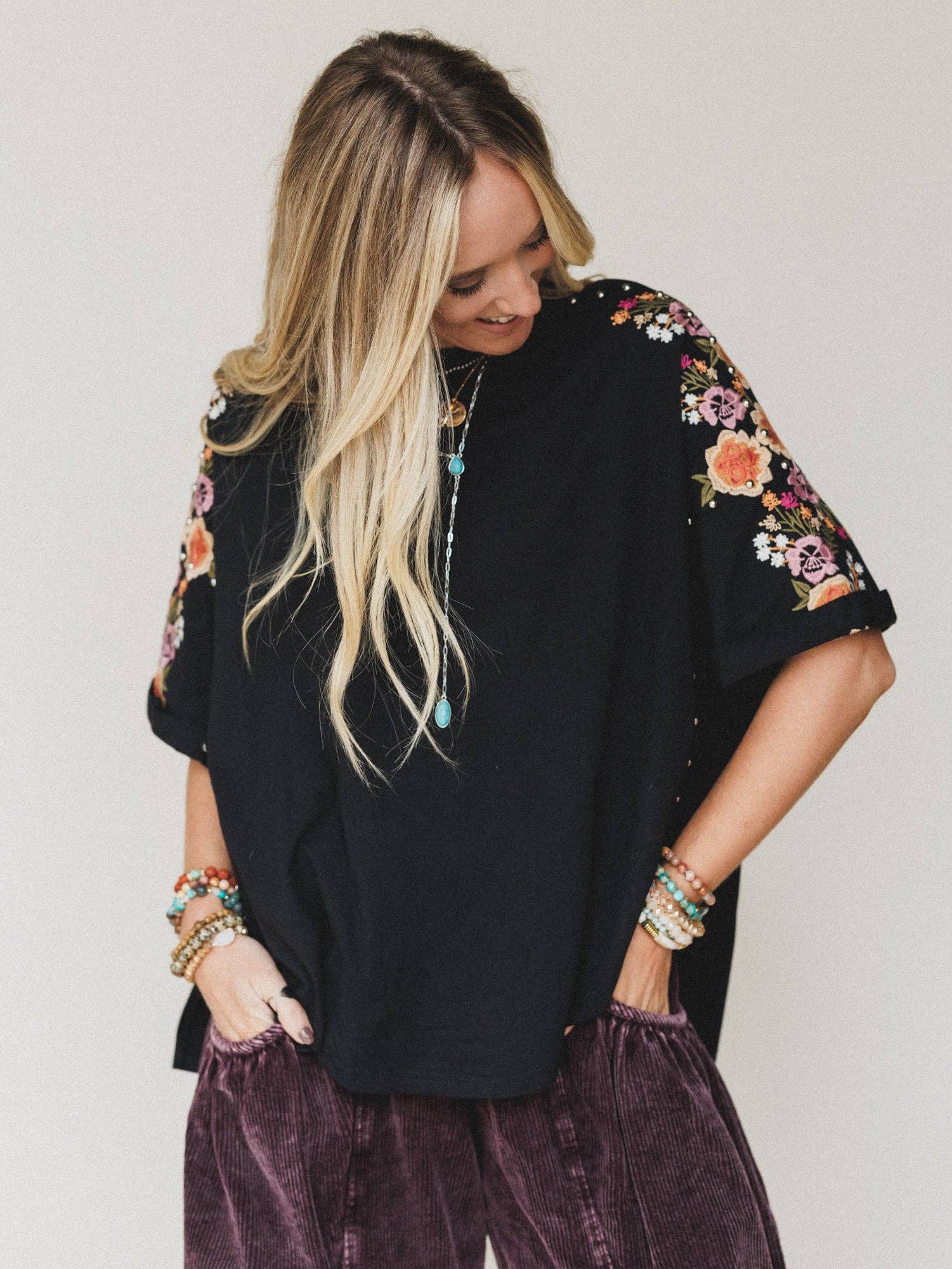Midnight Bloom Embroidered Top | Floral Sleeve Boutique Blouse/Sinton, TX