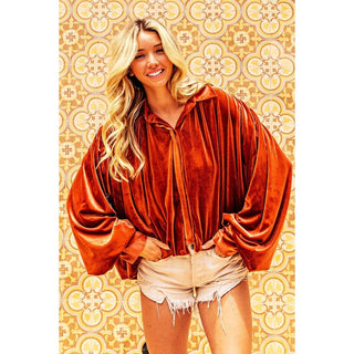 Autumn Afterglow Rust Velvet Balloon Sleeve Boho Blouse
