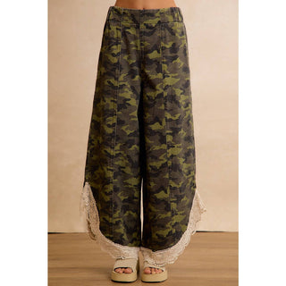 Camo & Charm Lace Trim Wide Leg Camouflage Pants