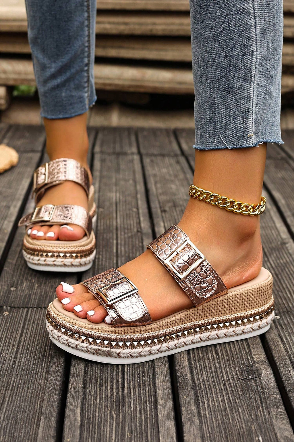 Women's Metallic Croc Double Strap Platform Sandals/Sinton, TX