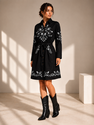 Midnight Prairie Embroidered Shirt Dress