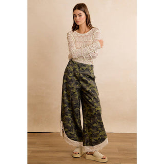 Camo & Charm Lace Trim Wide Leg Camouflage Pants