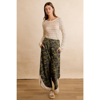 Camo & Charm Lace Trim Wide Leg Camouflage Pants